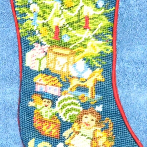 Handmade Needlepoint Christmas Stocking Vintage Toy Tree Scene Holiday Decor - Picture 4 of 5